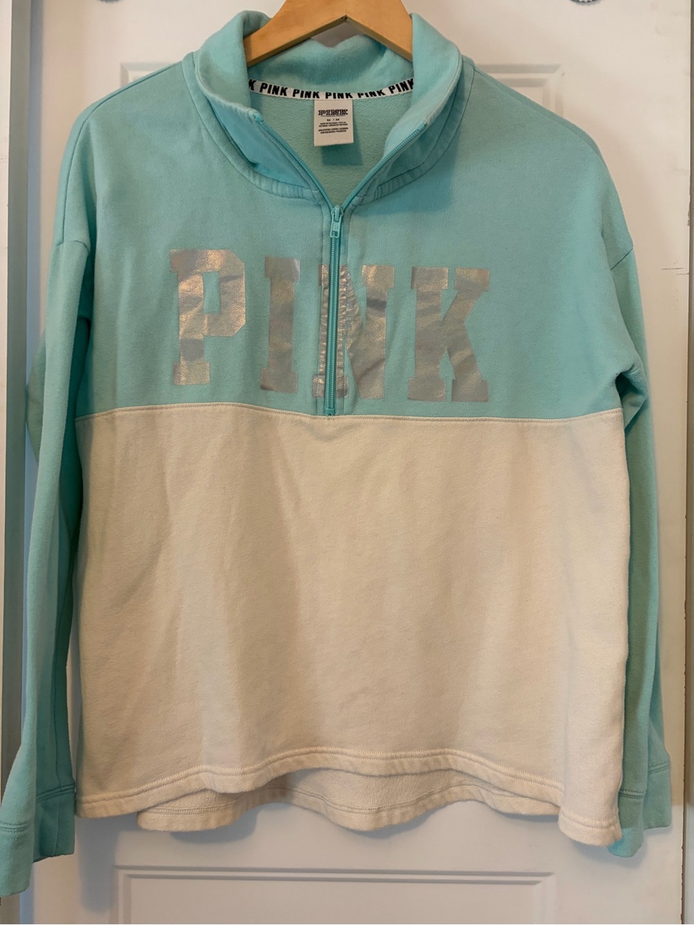 PINK Victoria's Secret Mint & Cream Quarter-Zip Pullover